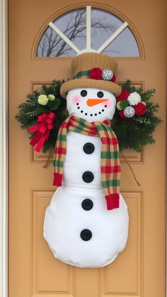 A cheerful snowman door decor with a scarf, hat, and festive greenery.