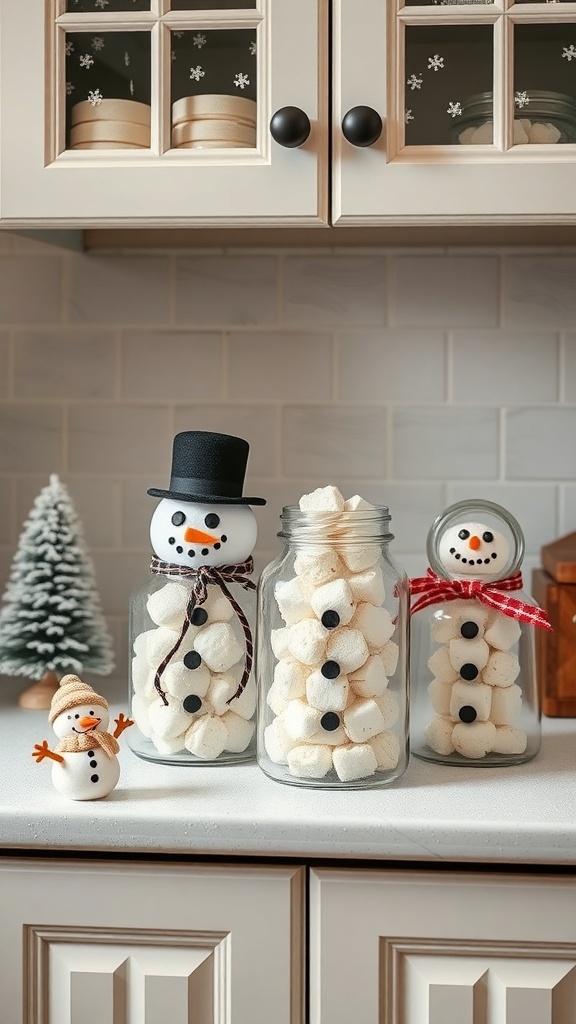Three snowman jars filled with marshmallows, with a small snowman figure on the counter.