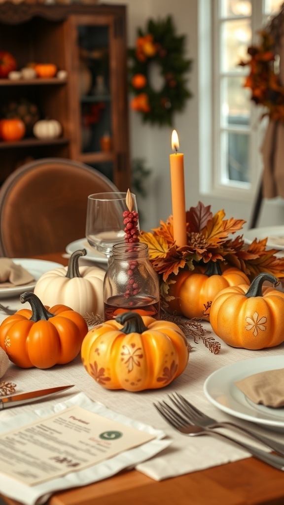 A Thanksgiving dinner table decorated with pumpkins, autumn leaves, and candles.