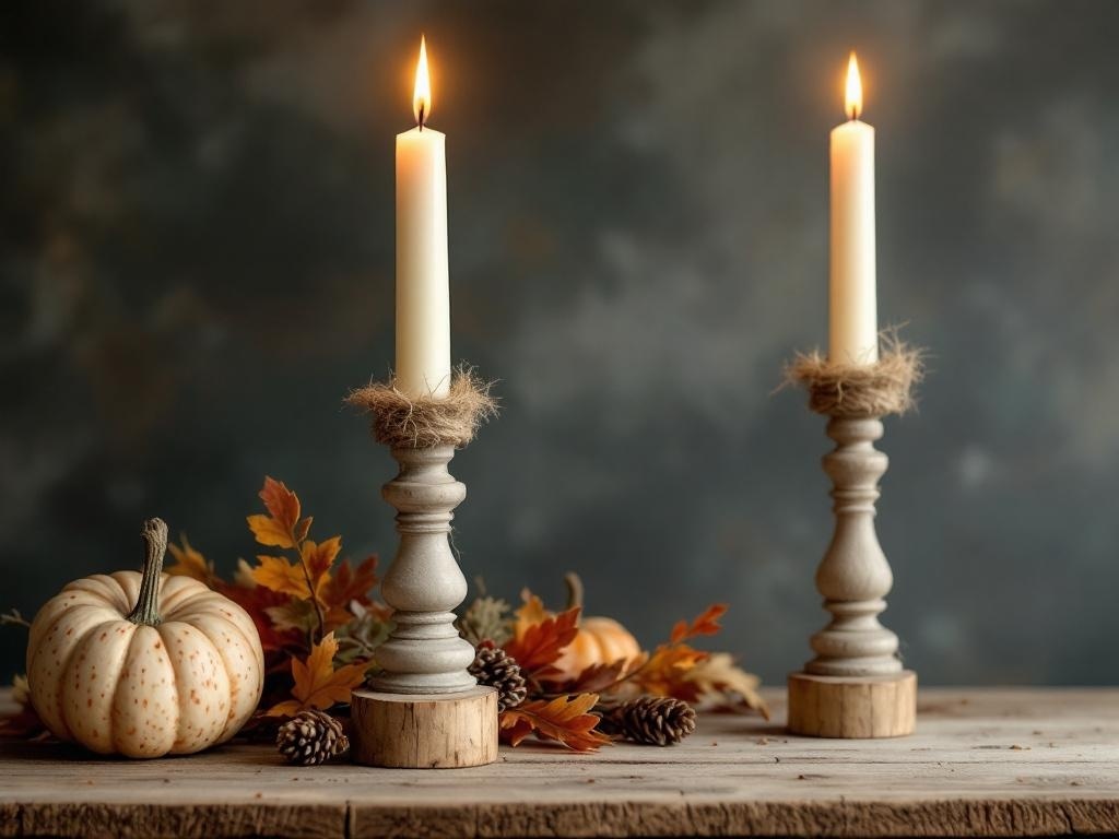 Two candle holders with white candles, surrounded by pumpkins and autumn leaves.