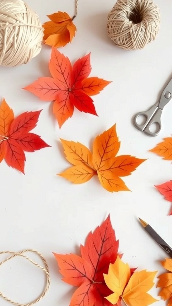 Colorful autumn leaves, scissors, and twine on a wooden surface for DIY Thanksgiving crafts.