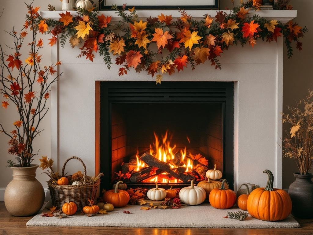 A cozy fireplace decorated for Thanksgiving with autumn leaves, pumpkins, and a warm fire.
