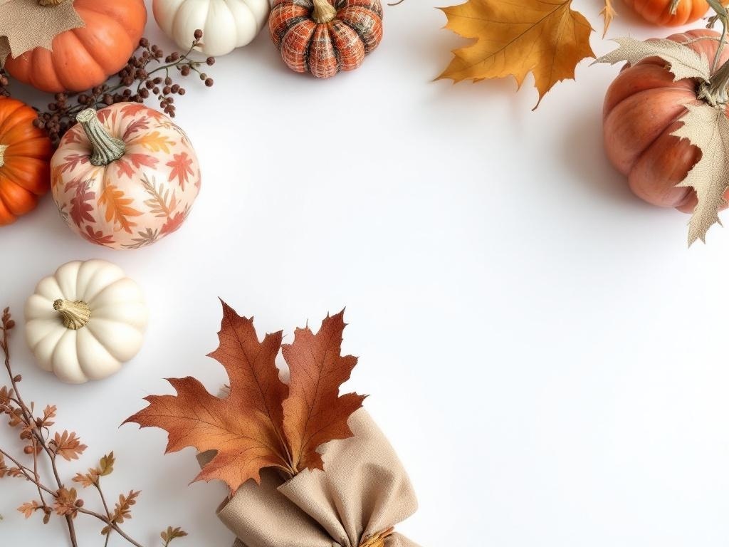 A collection of pumpkins and autumn leaves arranged for a Thanksgiving table decor