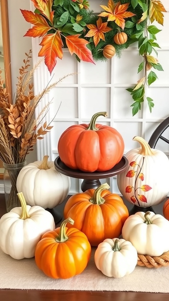 A collection of white and orange pumpkins with colorful leaves and turkey decorations for Thanksgiving.