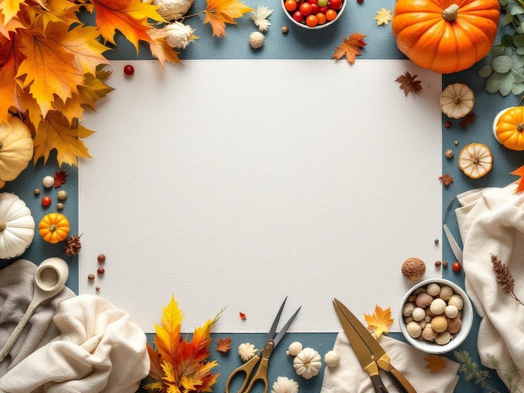 A flat lay of a DIY Thanksgiving tablecloth setup with autumn leaves, pumpkins, and crafting materials.