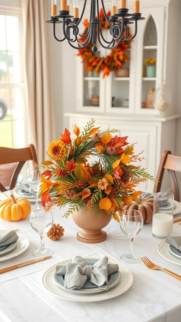 A beautifully arranged Thanksgiving table with a colorful wreath centerpiece, pumpkins, and elegant table settings.