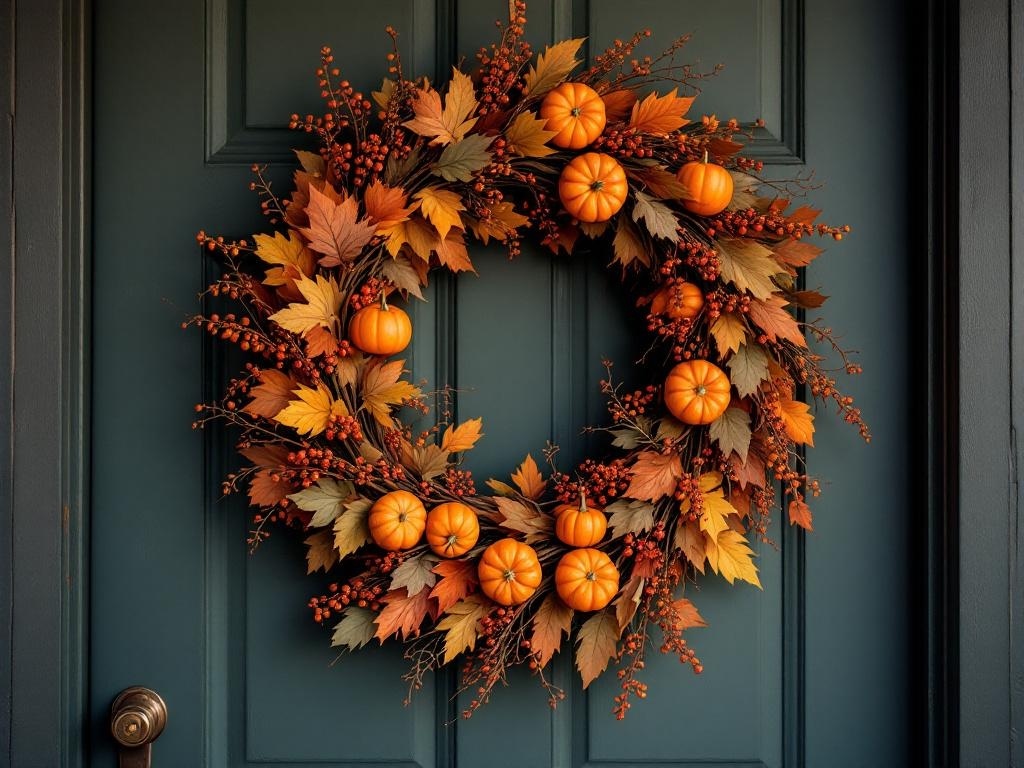 A Thanksgiving wreath featuring pumpkins and autumn leaves on a dark green door.