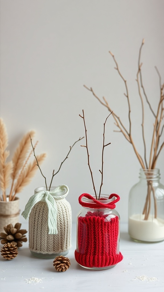 Two upcycled jars decorated with yarn and filled with branches, surrounded by pine cones.