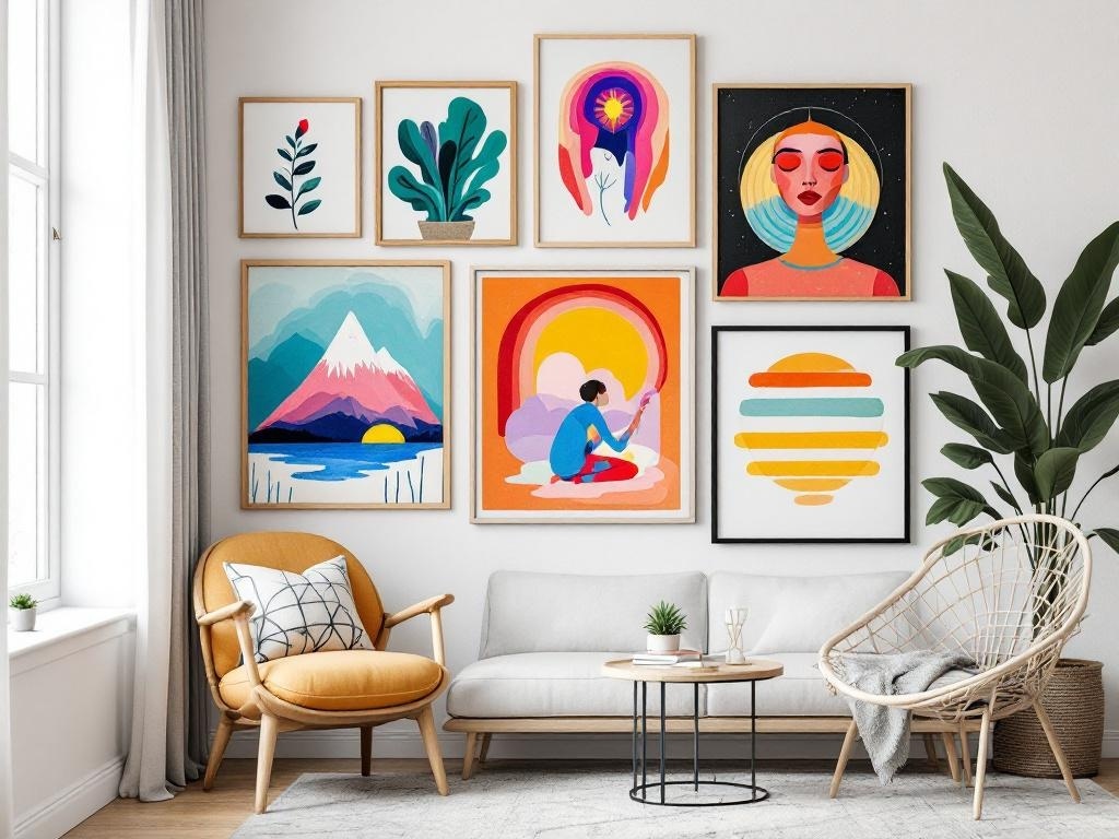 A cozy living room featuring a gallery wall with colorful art pieces, a comfortable sofa, and stylish chairs.