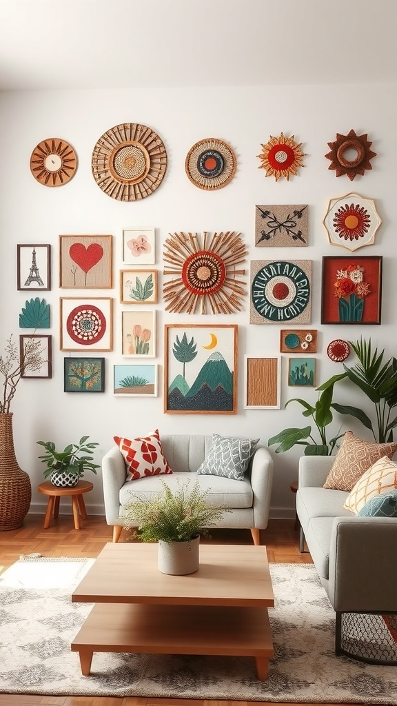 A cozy living room featuring a variety of DIY wall art, including woven pieces and framed artwork, creating a vibrant and inviting atmosphere.