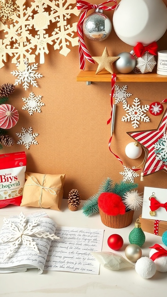 A cozy winter decoration setup with snowflakes, ornaments, and craft supplies.