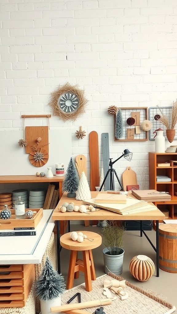 A cozy winter decor setup with wooden elements, small trees, and crafting supplies.