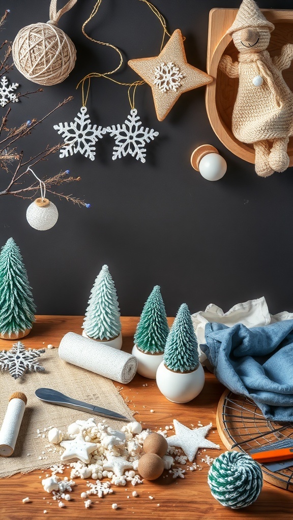 A cozy DIY winter decoration setup with mini trees, snowflakes, and crafting materials.