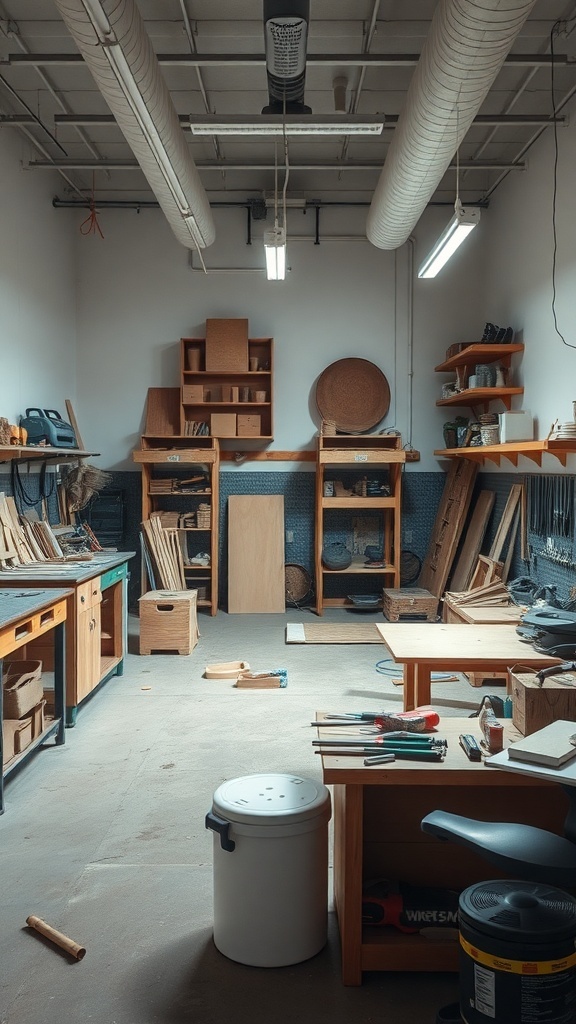 A spacious DIY workshop filled with tools, materials, and organized shelves.