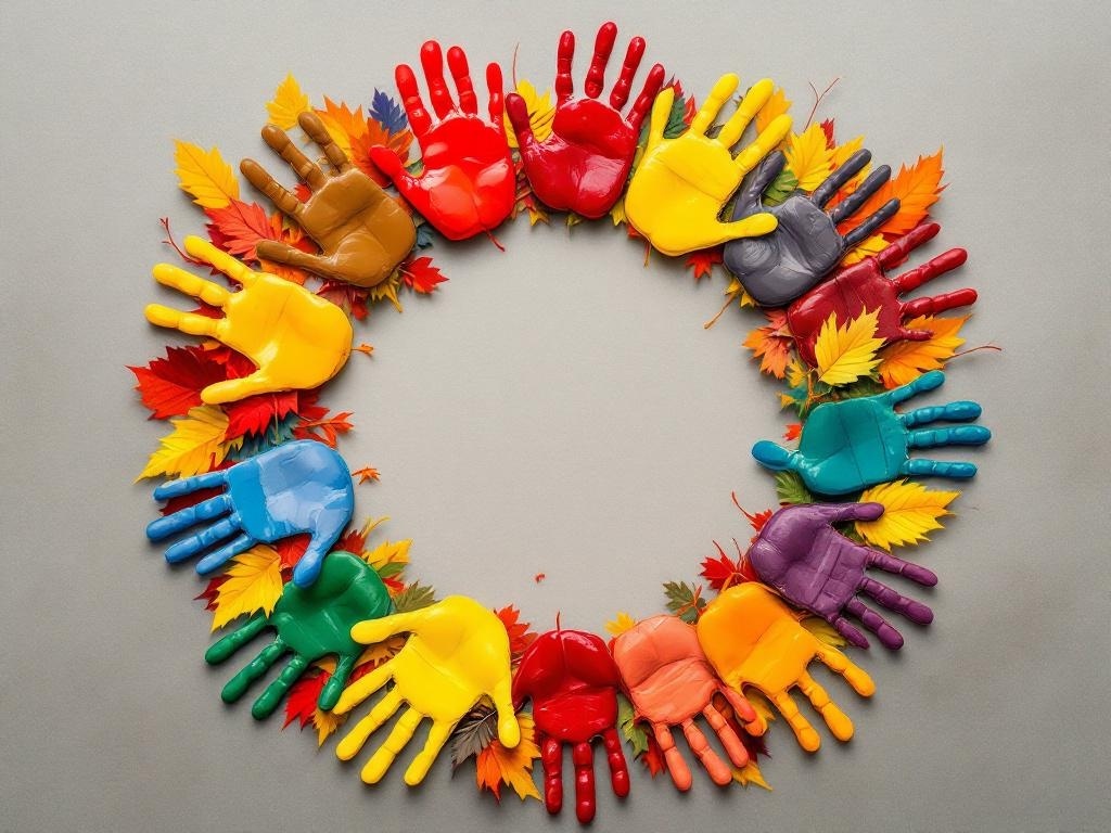 A colorful DIY wreath made of family handprints and autumn leaves.