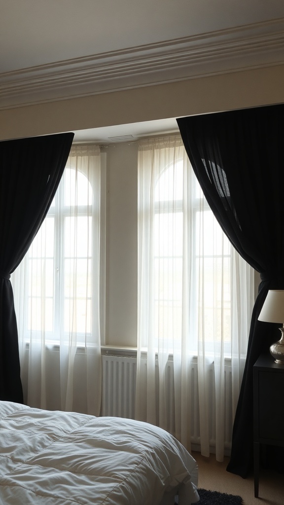 A bedroom featuring dramatic black curtains paired with sheer white curtains.