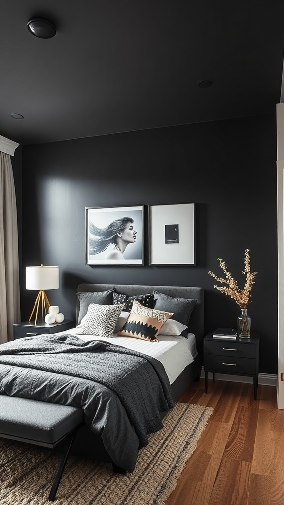 A stylish black bedroom featuring a dramatic black wall, modern bed, and decorative elements.
