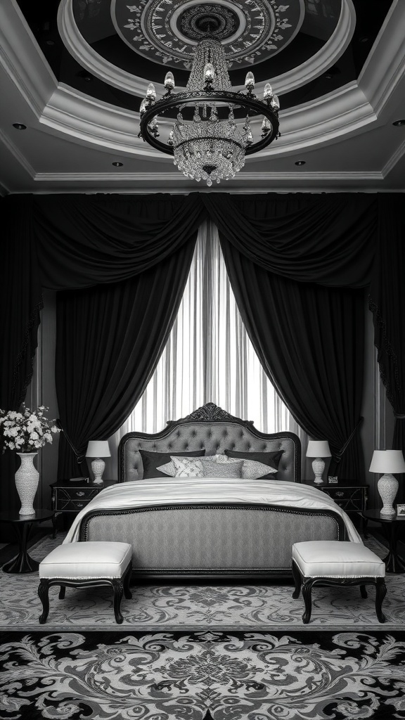 A luxurious black and white bedroom featuring a dramatic canopy bed, elegant curtains, and a stylish chandelier.