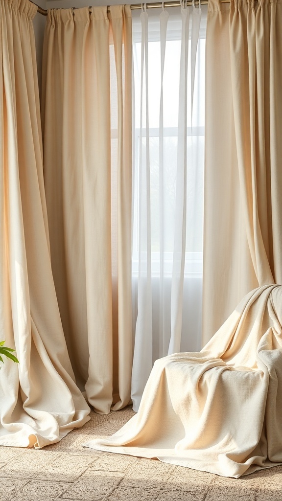 Cozy room with cream-colored draped curtains and a soft blanket on a chair