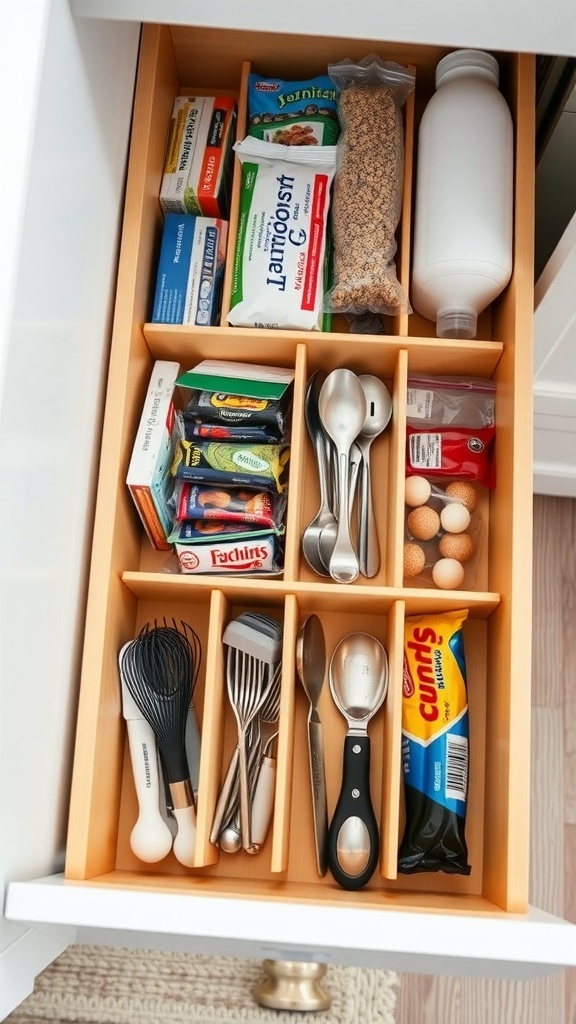 Organized pantry drawer with dividers separating utensils and snacks.