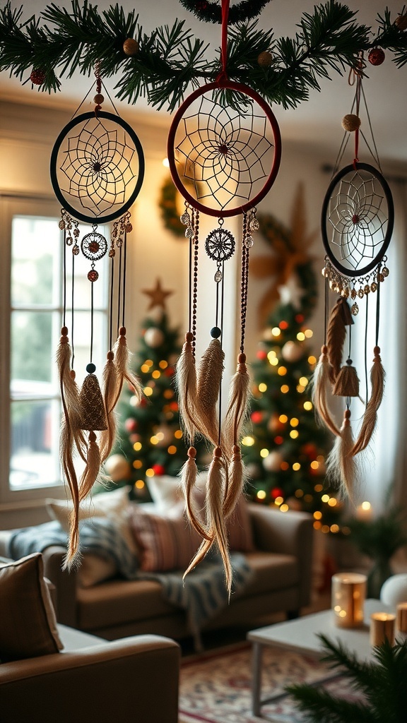 A cozy living room decorated for Christmas with dreamcatchers hanging from the ceiling and a Christmas tree in the background.