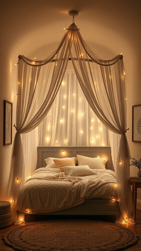 A cozy bedroom nook featuring a canopy bed with soft drapes and fairy lights.
