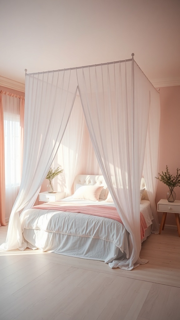 A pastel-themed bedroom featuring a dreamy canopy bed with soft fabrics.