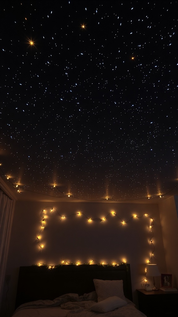 Bedroom with starry ceiling lights and warm string lights on the walls.