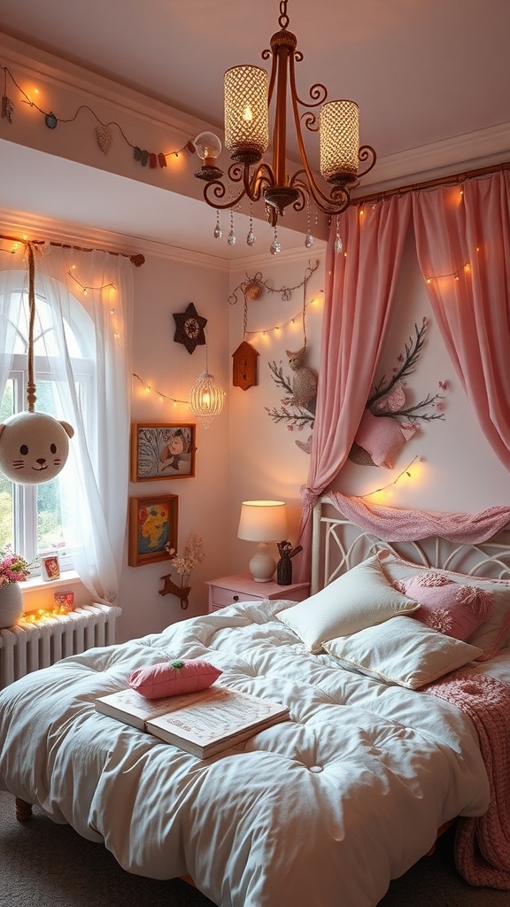 A cozy and charming teen girl bedroom with pink hues, fairy lights, and fluffy bedding.