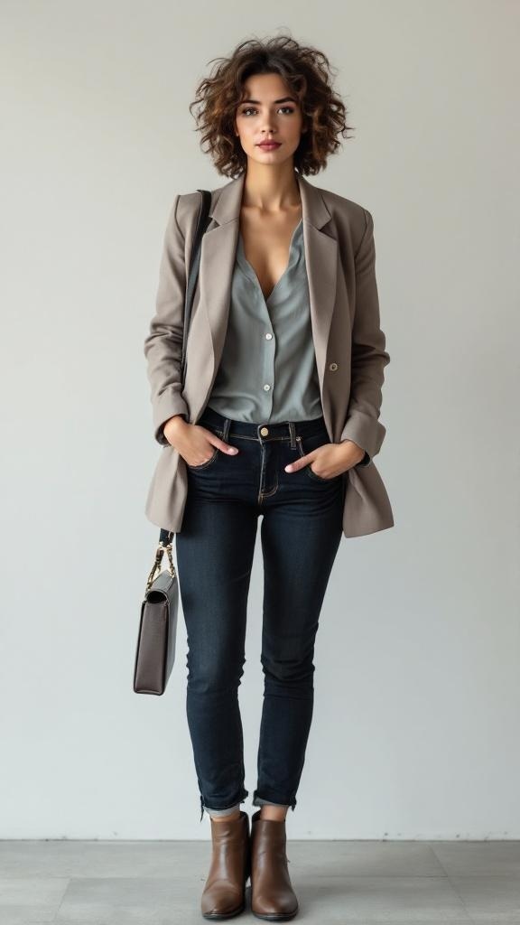 A woman in a stylish business casual outfit featuring dark jeans, a light blue blouse, and a tailored blazer.