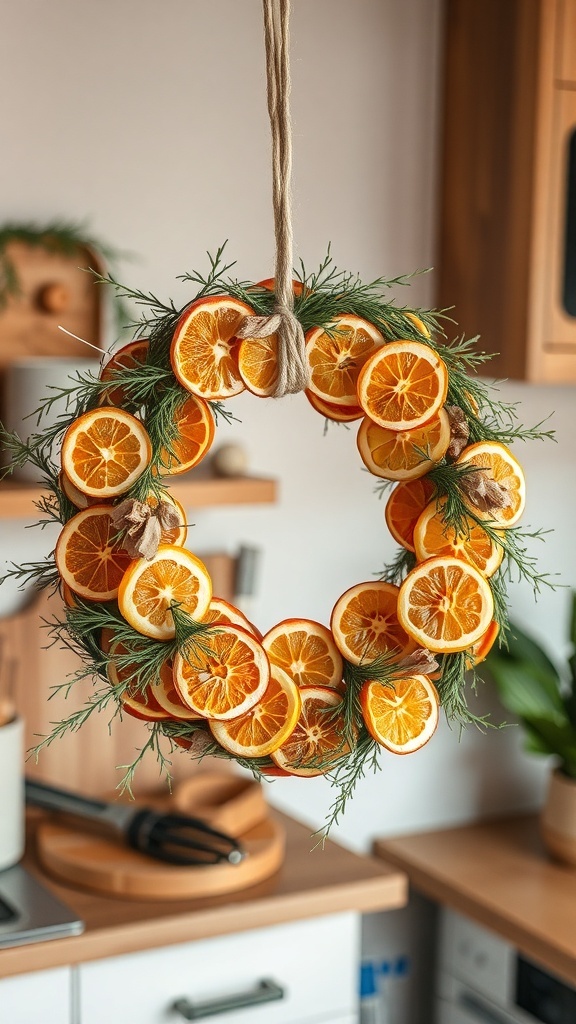 A wreath made of dried orange slices and green herbs hanging in a kitchen.