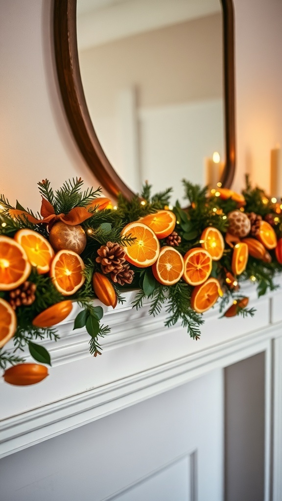 A dried citrus garland featuring orange slices, pinecones, and greenery, beautifully arranged on a mantel.