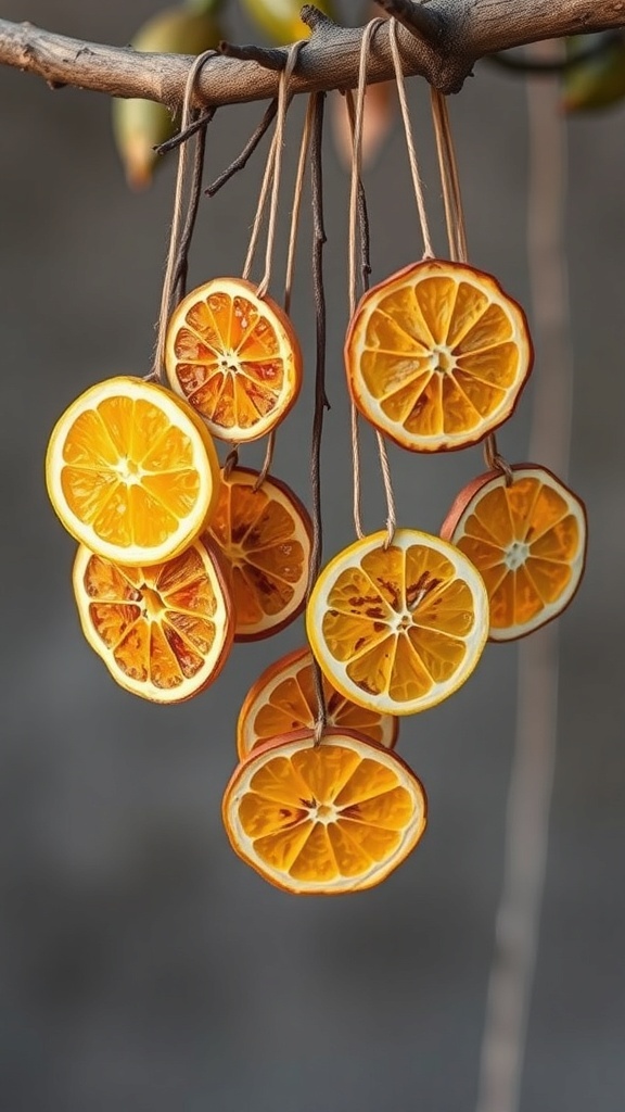 Dried citrus ornaments hanging from a branch, showcasing vibrant orange slices.