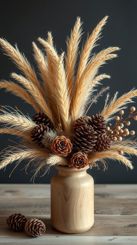 Dried flower arrangement with pinecones in a wooden vase