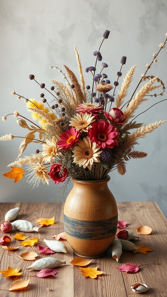 A beautiful dried flower arrangement in a vase with warm colors and autumn leaves scattered around.