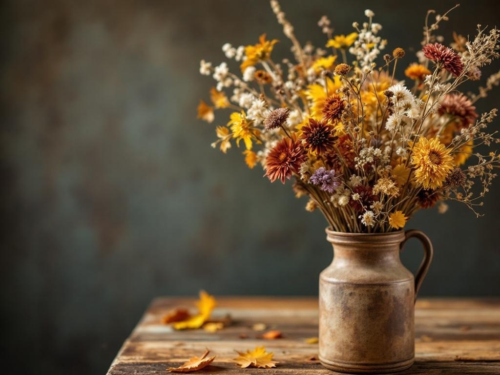 A rustic dried flower bouquet in a vintage jug on a wooden table.