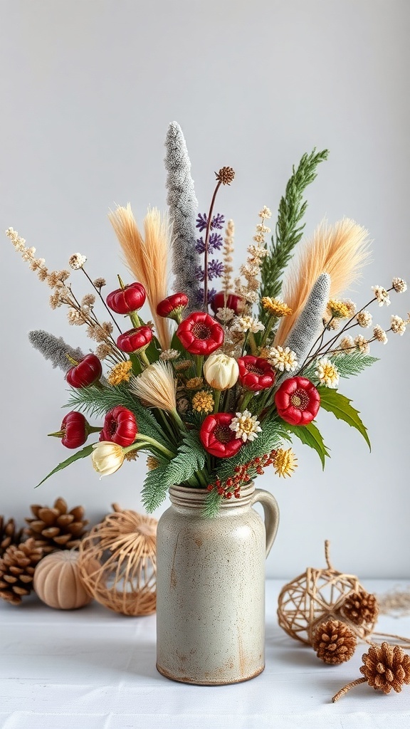 A beautiful arrangement of dried flowers in a rustic vase, featuring red blooms, soft grasses, and natural accents.