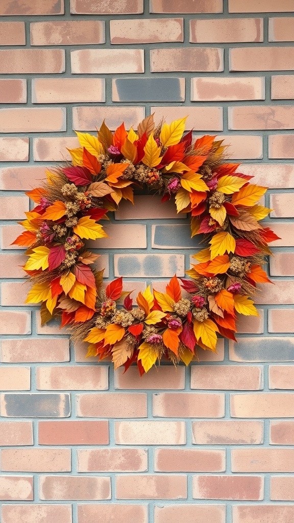A colorful dried leaf and flower wreath hanging on a brick wall.