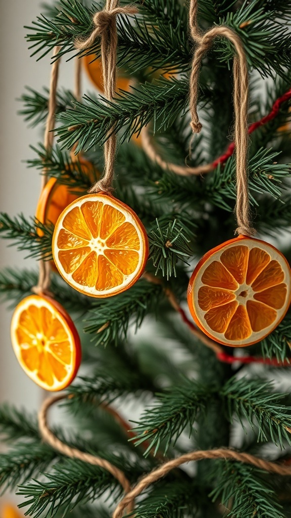 Dried orange slice ornaments hanging on a Christmas tree