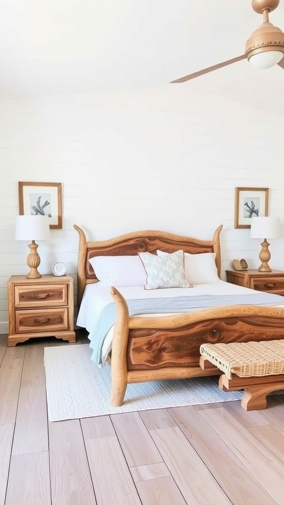A coastal bedroom featuring driftwood furniture accents, including a wooden bed frame, nightstands, and a woven bench.