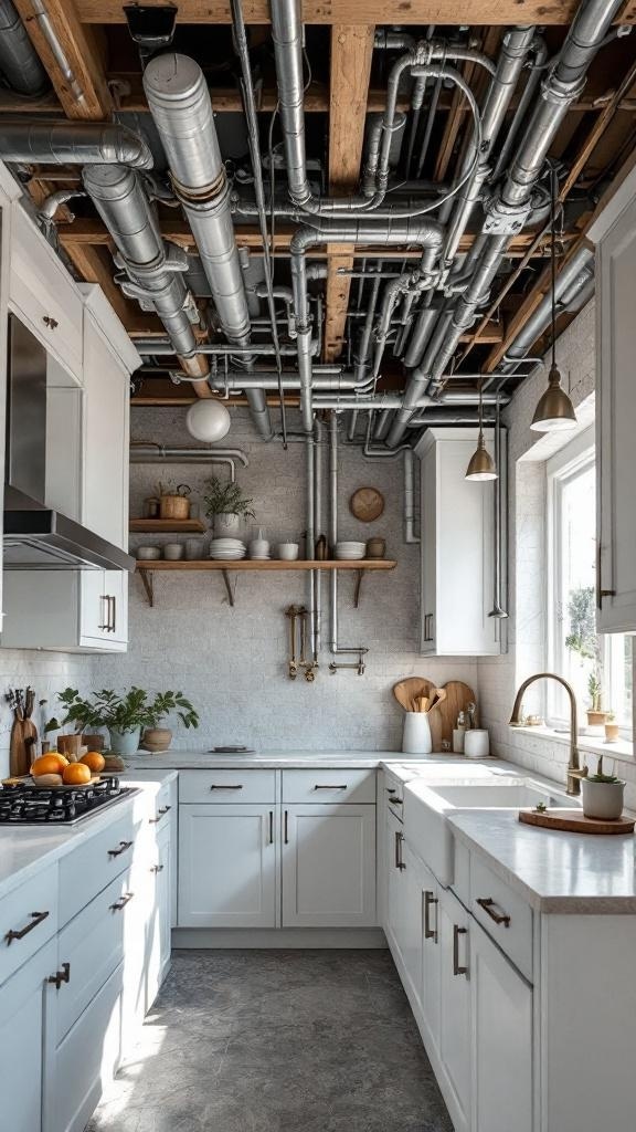 A kitchen featuring a drop ceiling with exposed pipes and ductwork, showcasing a blend of industrial and modern design.
