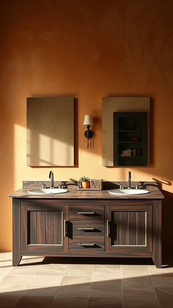 A rustic dual sink vanity with a wooden finish, featuring two sinks and three drawers, set against an orange wall.