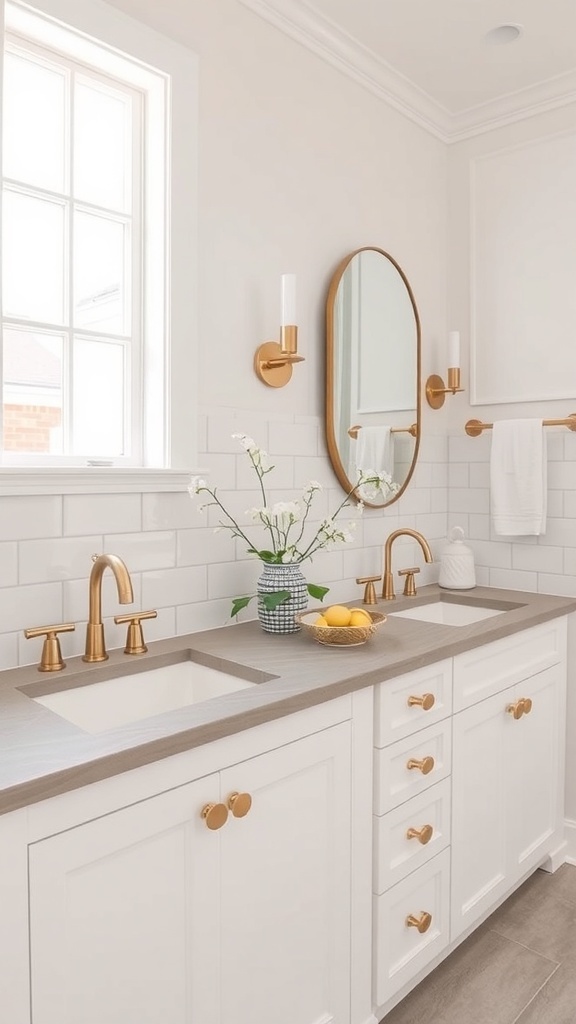 Modern farmhouse bathroom with dual sinks and stylish decor.
