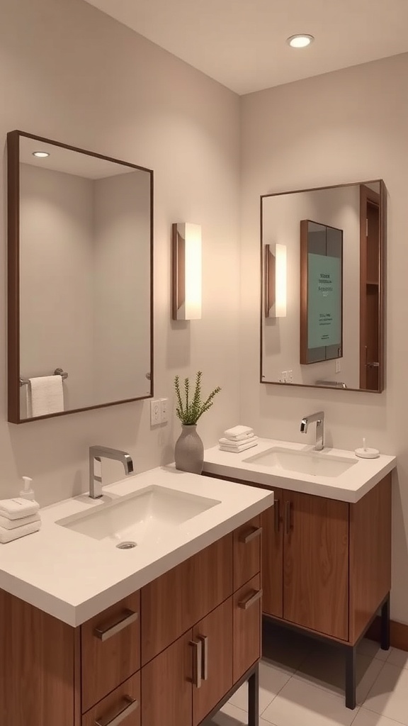A modern bathroom featuring a dual vanity with two sinks, wooden cabinets, and mirrors.