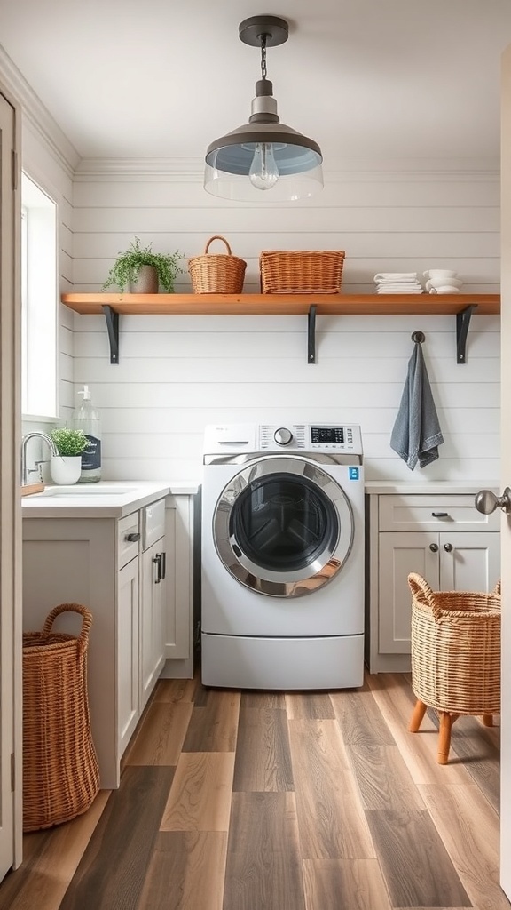 A modern farmhouse laundry room featuring a washer, white cabinets, and durable flooring.