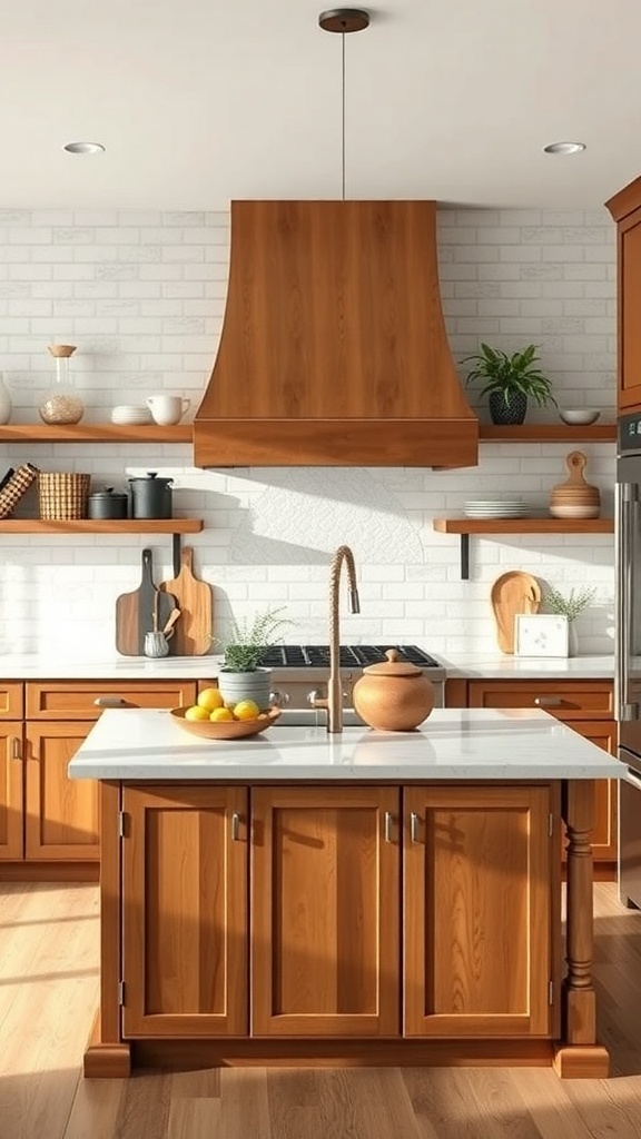 A cozy farmhouse kitchen featuring a wooden island with a white countertop, surrounded by warm wooden cabinets and open shelves.