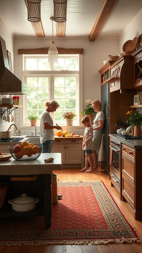 A cozy kitchen scene featuring a family preparing food with a durable rug on the floor.
