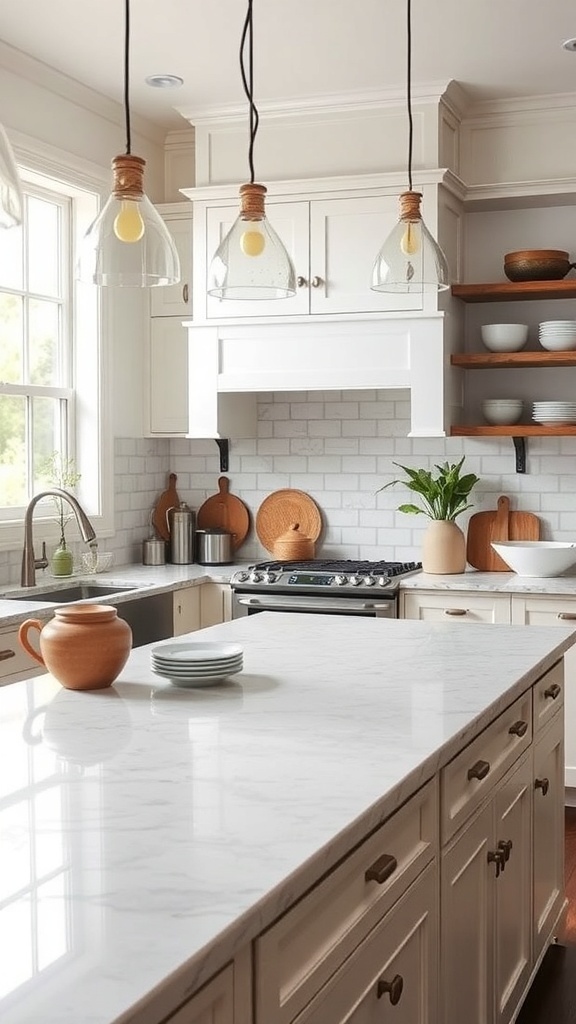 A bright farmhouse kitchen featuring quartz countertops, wooden accents, and stylish pendant lights.