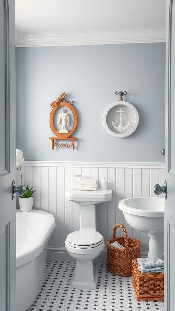 A bathroom featuring dusty blue walls, white accents, and decorative elements.