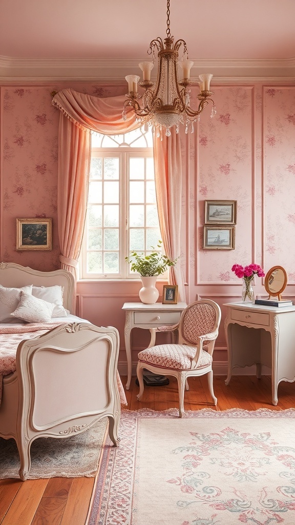 A beautifully decorated bedroom featuring dusty rose walls, elegant furniture, and floral accents.